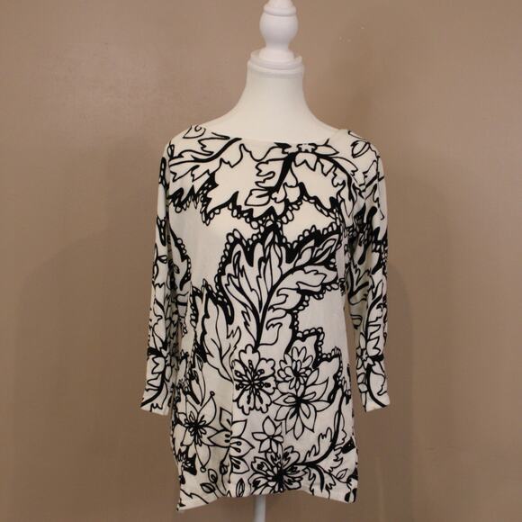 Women's Cache Black and White 3/4 Sleeve Floral Knit Top Sz L - Picture 1 of 5